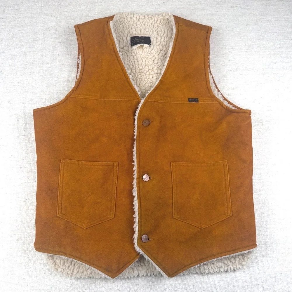 Vintage 70's Wrangler Mens Sherpa Lined Faux Suede Western Vest Tan Brown M